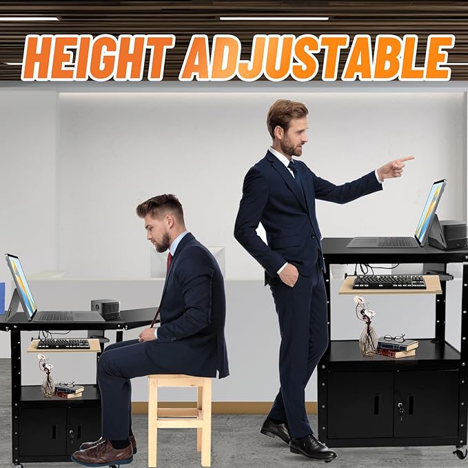 Large Steel AV Cart With Locking Cabinet and Pullout Keyboard Tray, Adjustable-Height Rolling Media Cart With Wheels & Power (54"x18"x43")