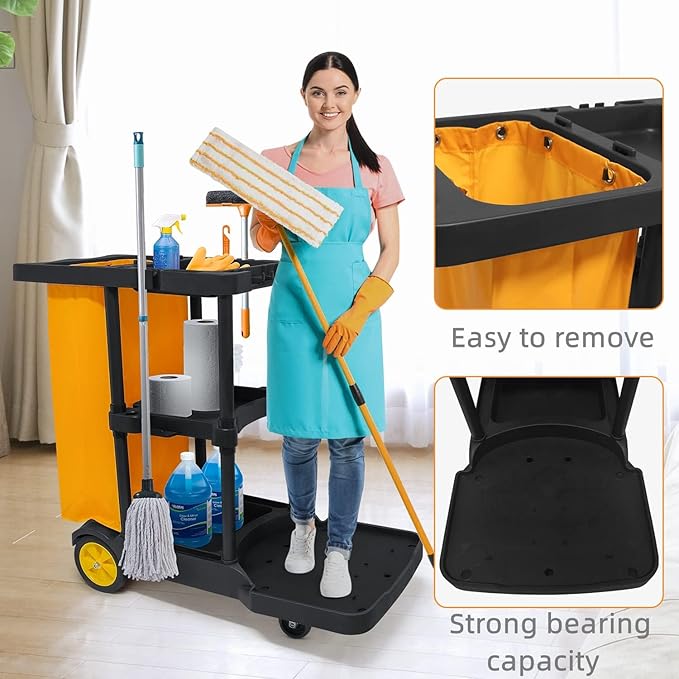 tonchean Commercial Janitorial Cart, 3-Shelf Large Capacity Housekeeping Cart with 25 Gallon Vinyl Bag & Wheels, 44.5" L x 22" W x 36.6" H, Utility Clean Trolley for Professional Cleaning, Black