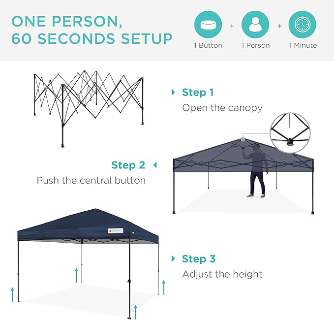 Best Choice Products 10x10ft 1-Person Setup Pop Up Canopy Tent Instant Portable Shelter w/ 1-Button Push, Case, 4 Weight Bags - Blue