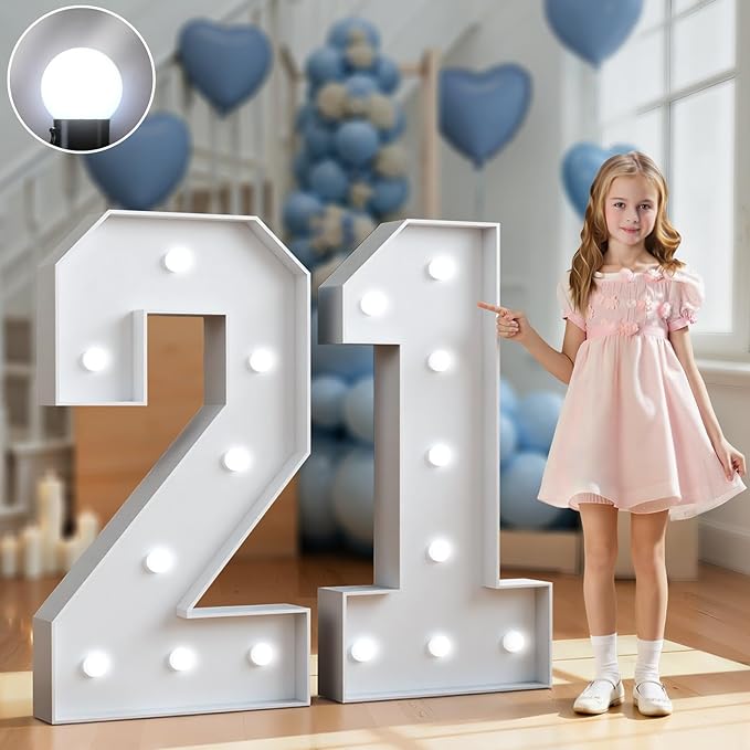 Marquee Numbers 3 Feet Tall Big Light Up Numbers 21st Birthday Decorations Women Men White Anniversary Party Decor Large Cardboard Prop Backdrop Sign 21