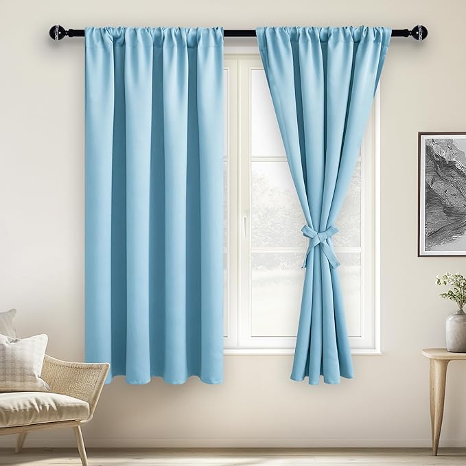 JIUZHEN Blackout Curtains for Bedroom– Thermal Insulated,Noise Reducing Room Darkening Privacy Drapes for Living Room, Set of 2 Panels with Tiebacks, 38 x 63 inch Long, Light Blue