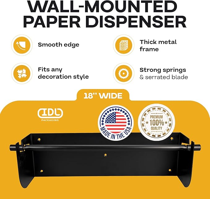 IDL Packaging 18" Wall Mounted Kraft Paper Roll Dispenser & Cutter for Rolls up to 18" Wide and 9" in Diameter - Durable Paper Holder with a Serrated Blade - Wall Mount Set Included