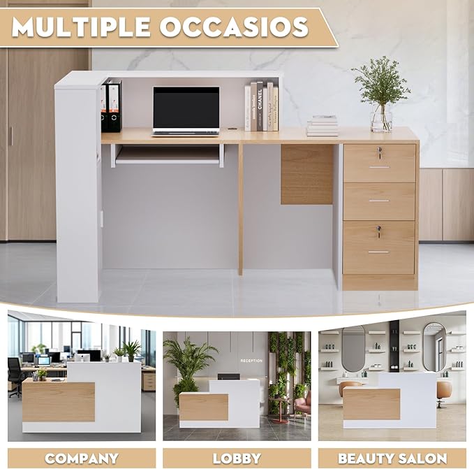 L-Shaped Modern Reception Desk with Counter & Storage - 71" Large Office Front Desk, Salon Checkout Counter with Lockable Cabinets, Shelves (Oak & White, Right - 71''L x 34''W x 41''H)