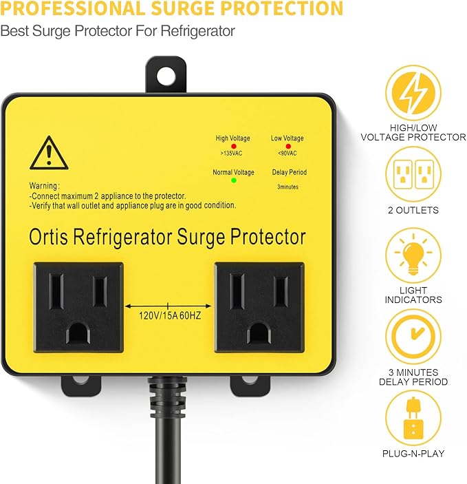 Refrigerator Surge Protector, Ortis Double Outlet Voltage Protector for Home Appliances with Time Delay, Protects Against Brownout, Spike, Instant Surge All Voltage Abnormalities, Yellow