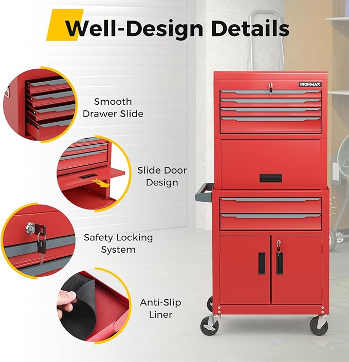 Goplus Tool Chest, 6 Drawers 3-in-1 Extra Large Tool Storage Cabinet with 4” Universal Lockable Wheels, Auto Lock, Protective Liner, Heavy Duty Rolling Tool Box for Garage, Workshop