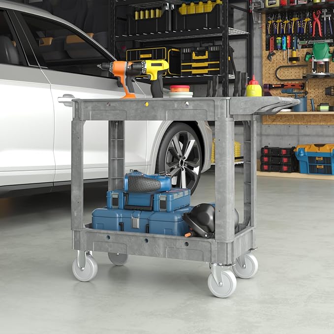 Heavy Duty Plastic Utility Cart with Wheels, Rolling Tool Cart on Wheels, Service Cart for Garage, Warehouse, Workshop, Office, Cleaning (Gray-40.6 inch)