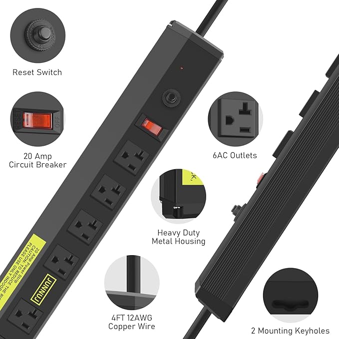 JUNNUJ Heavy Duty 20 Amp Power Strip 2 Pack,High Amp Surge Protector 6 Outlet,Power Strips Surge Protection 4800J with Circuit Breaker, 12 Gauge Extension Cord 4ft
