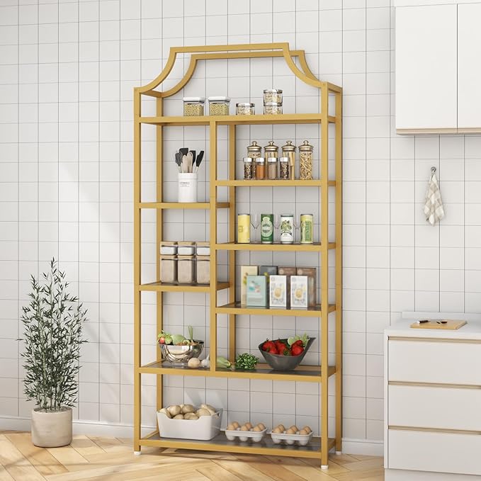 Loomie 8-Open Shelf Bookshelf, 70.87" H x 31.5" L Lux Etagere, Tempered Glass Bookcase, Tall Storage Display Modern Open Book Case for Bedroom, Home Office & Living Room, Gold Finish & Glass Shelving