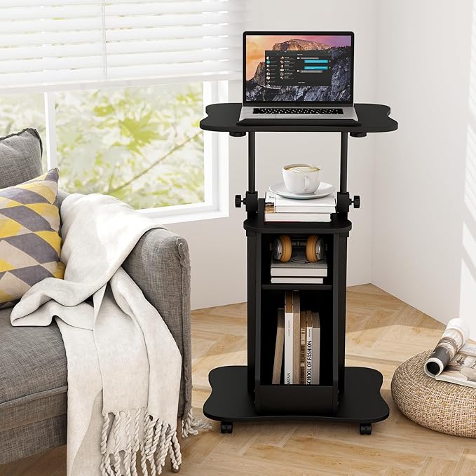 Tangkula Mobile Lectern Podium, Height Adjustable Podium Stand, Standing Sit-to-Stand Desk, Rolling Cart Laptop Desk with Swivel Top Movable Wheels & Storage