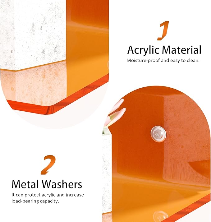 9 Inch Orange Wall Shelves, Acrylic Wall Mounting Ledges Display, Acrylic Display Wall Shelf for Funko Pop Figures, Collectibles, Plants, Décor, Toiletries, Spices, 2 Pack