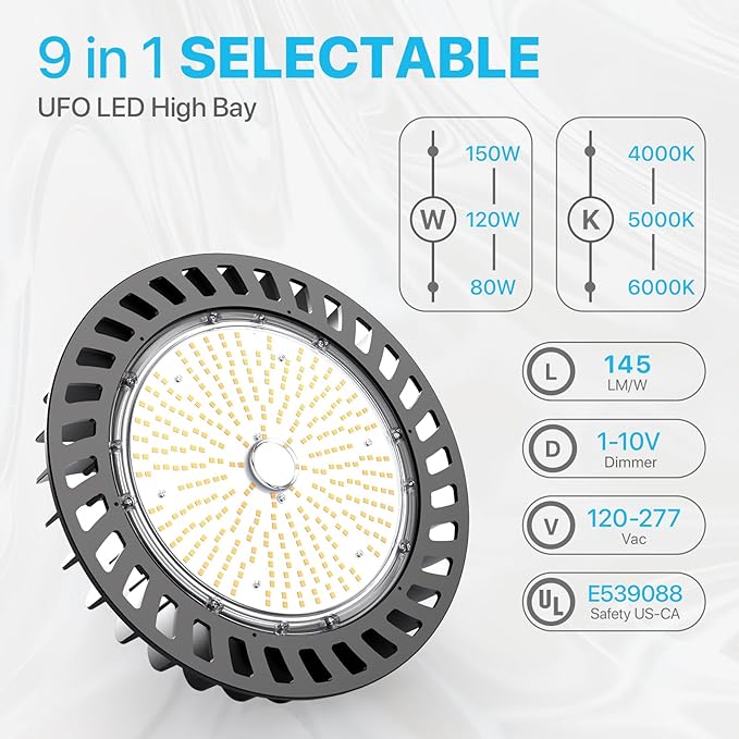 HYPERLITE LED High Bay Lights 150W 21,750lm 5000K 1-10V Dimmable UFO Led High Bay Light UL Listed 5' Cable High Bay Led Lights Alternative to 650W MH/HPS for Gym Factory Warehouse 4-Pack