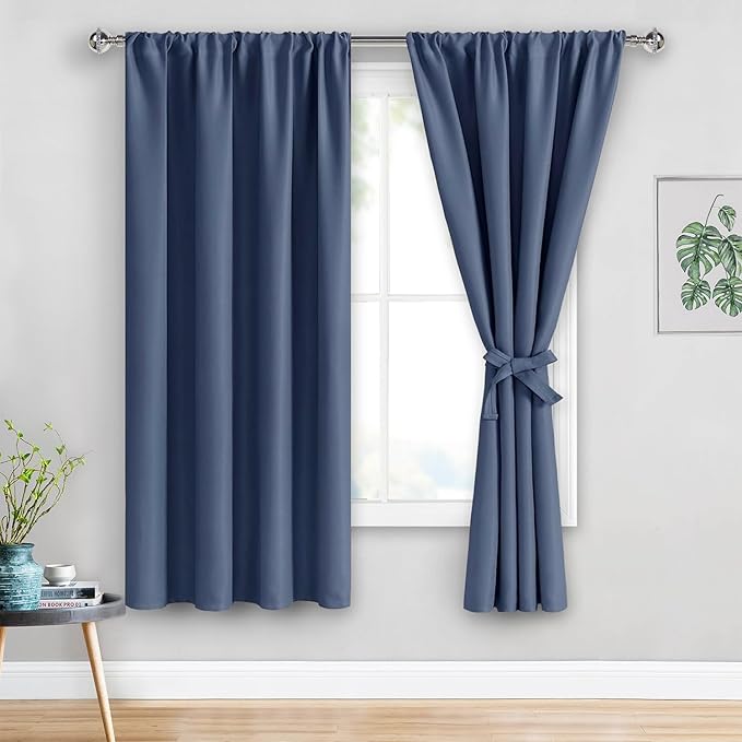 JIUZHEN Blackout Curtains for Bedroom - Thermal Insulated Room Darkening Rod Pocket Curtains for Living Room, Set of 2 Panels with Tiebacks, 38 x 63 Inch Length, Dusty Blue