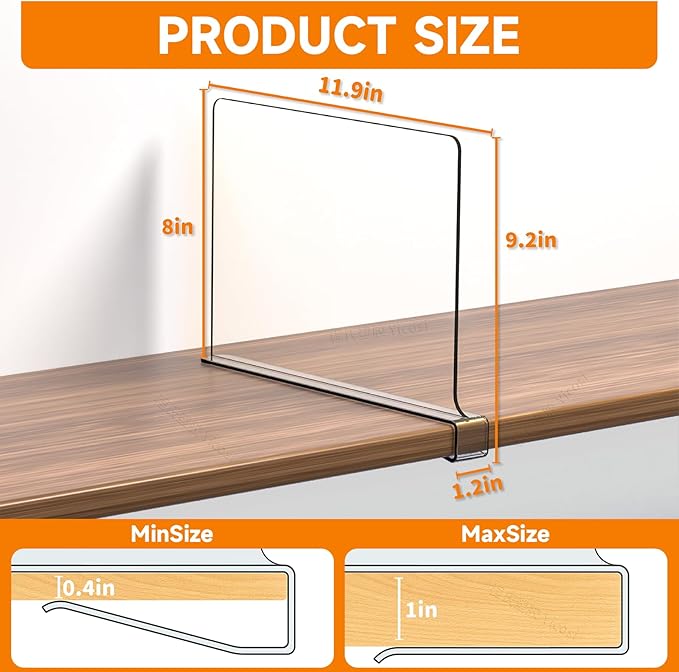 Yieach 10 Pack Clear Acrylic Shelf Divider for Closet Organization - 9.2″ Tall Closet Dividers for Wood Shelves,Cupboard,Vertical Shelf Separators in Closet for T-Shirt,Purse,Handbag,Sweater Organizer