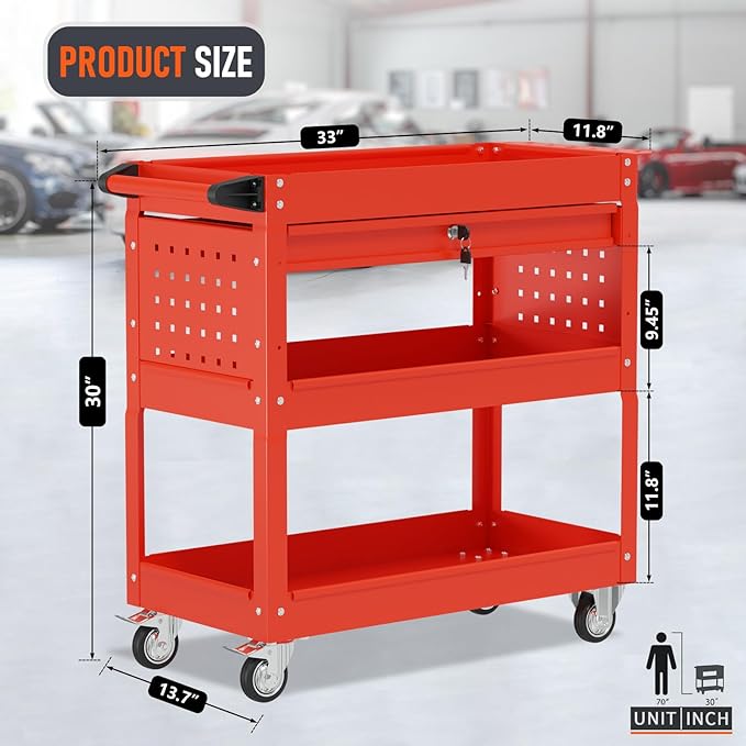 3-Tier Rolling Tool Cart, Heavy Duty for Mechanics, 400 LBS with Drawers, Red