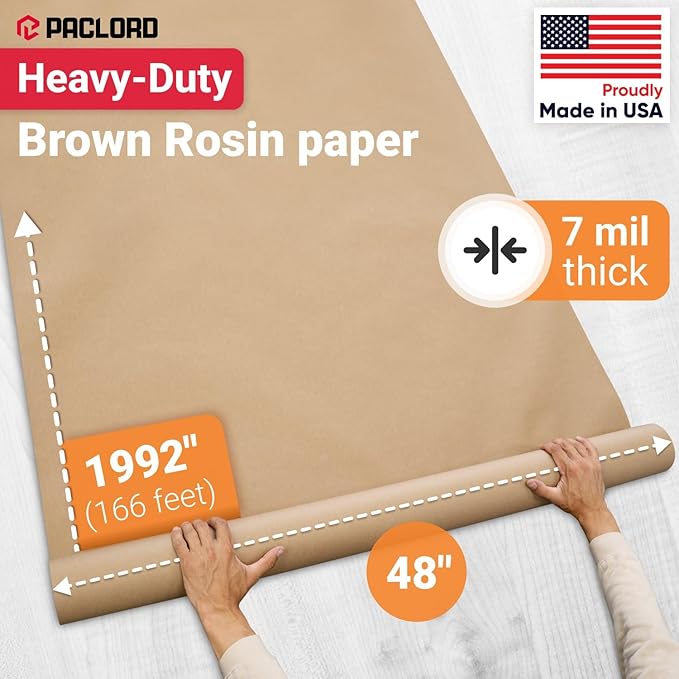 48" x 1992" (166’) Brown Rosin Paper Roll (Pack of 4) - Made in USA Thick Heavy-Duty 7 mil Masking Paper for Surface Protection from Paint, Dust, Foot Traffic - Paint Floor Covering