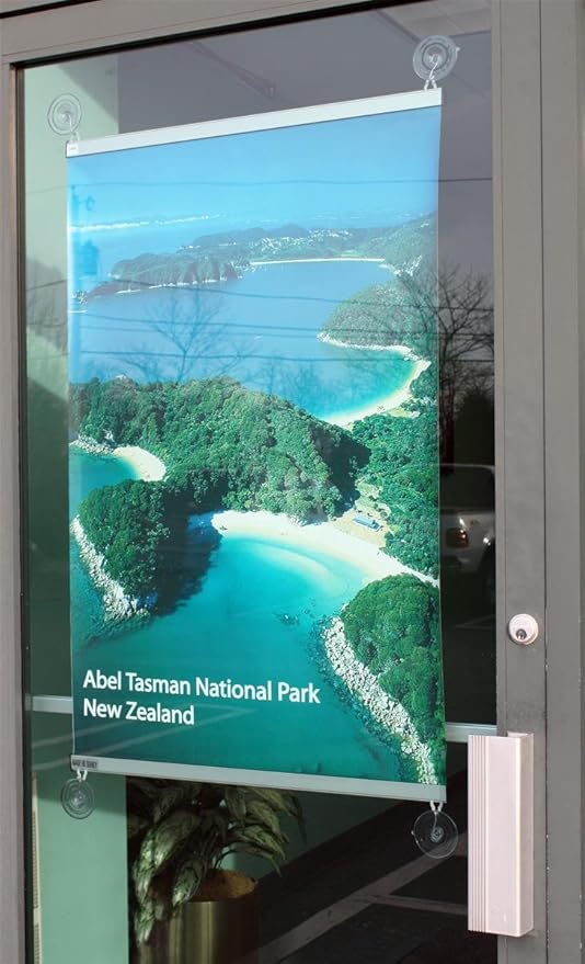 Window Sign Holder for Banner Graphics, Includes Two 24 Inch Aluminum Rails with Snap-Open Design and Suction Cups, Glass Mount Poster Hanger - Banner NOT Included
