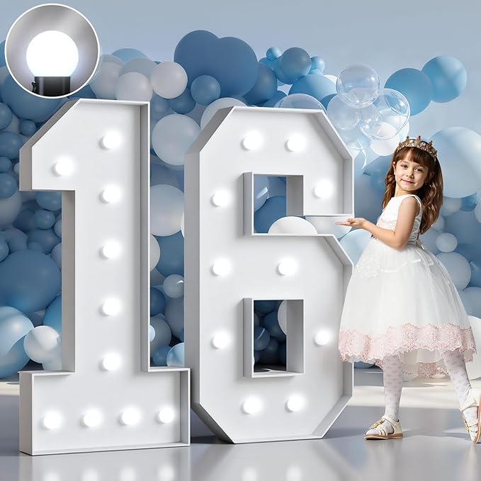 Marquee Numbers 4 Feet Tall Big Light Up Numbers Sweet 16 16th Happy Birthday Decorations Girl Boy White Anniversary Party Decor Large Cardboard Prop Backdrop Sign 16