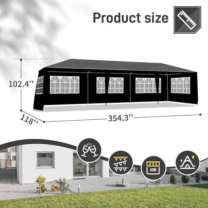 10x30 FT Party Tent, Outdoor Wedding Tents for Parties, Canopy Event Tent with 8 Removable Sidewalls, Waterproof Gazebo Shelter for Birthday Parties, Weddings, BBQs & Events (10X30FT-8Sides Black)