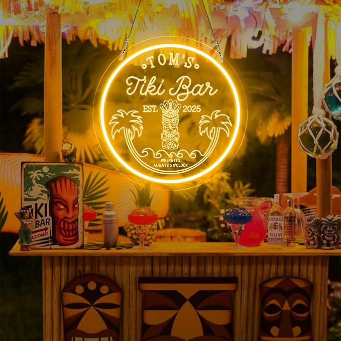 Custom Tiki Bar Neon Sign for Wall Decor, Personalized LED Bar Neon Tiki Sign for Men Dad Gifts, Dimmable Customized Light Up Signs for Home Pub Man Cave Tavern Bistro Lounge Party Beach Summer Decor