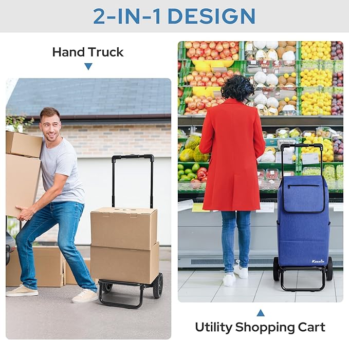 KEDSUM 2 in 1 Shopping Cart for Groceries, 330 lbs Grocery Cart on Wheels, Foldable Utility Carts with Wheels, Load-Bearing Hand Truck with Waterproof Bag for Shopping, Camping, Laundry, Garden, Blue