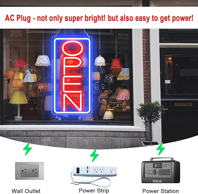 22" X 11" Led Neon Open Signs for Business, Large Open Signs, Plug In Electric Light Up with ON/OFF Switch, Ultra Bright Open Sign for Bar Salon Coffee Stores Club Hotel (Vertical)