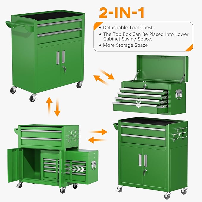 INTERGREAT 8-Drawers Rolling Tool Chest, Assembled Tool Chest with Wheels, Detachable Top Tool Box, Tool Cabinet for Repair Room,Warehouse, Rolling Tool Box with Hooks,Tray Divider,Liners(Green)