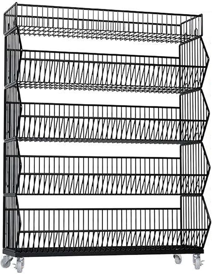 Commercial Supermarket Display Cart - 5-Tier Industrial Slanted Rolling Shelves Metal Storage Rack for Retail Store, Warehouse & Home Use, 66LBs/Tier Tool-Free Setup