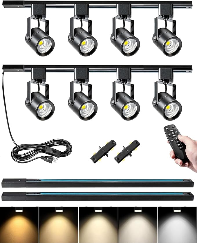 Plug in Track Lighting with Power Cord, 8-Light LED Track Lighting Kit with 6.6FT H Type Track Lighting Rails, Modern Kitchen LED Track Lighting Fixtures Ceiling Spot Light, Black
