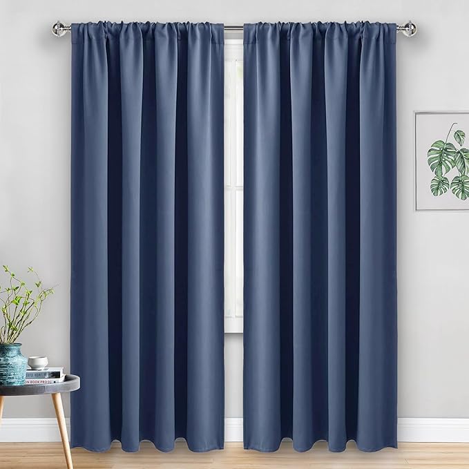 JIUZHEN Blackout Curtains for Bedroom - Thermal Insulated Room Darkening Rod Pocket Curtains for Living Room, Set of 2 Panels with Tiebacks, 52 x 90 Inch Length, Dusty Blue