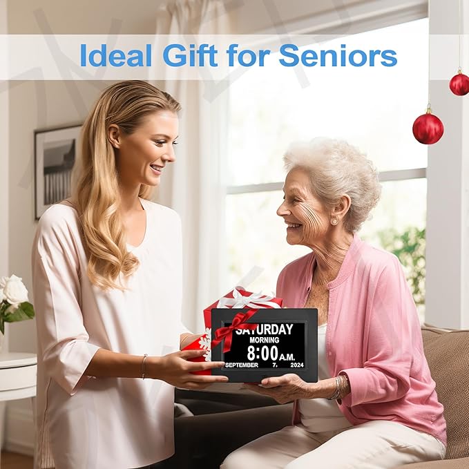 JALL 【2024 New】 Digital Calendar Dementia Day Clock, 7 Inch Large Screen Display, with Multiple Alarms, AM & PM Display, for Impaired Vision People, Age Seniors, for Desk, Wall Mounted