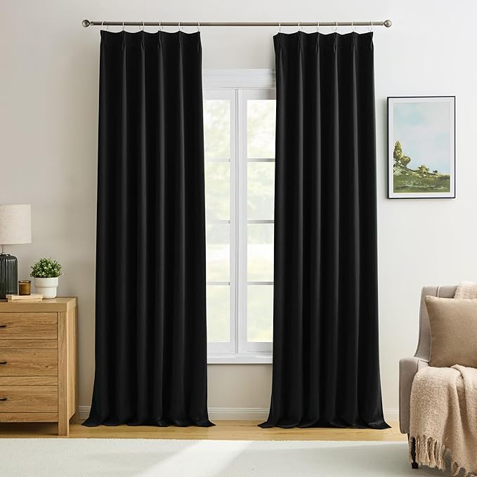 KEQIAOSUOCAI Black Curtains Blackout 120 Inches Long, Luxury Faux Silk Polyester Pinch Pleated Thermal Insulated Black Out Curtains with Hooks for Living Room Home Office 40x120