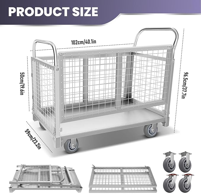 Platform Truck Cart, 4 in 1 Foldable Push Cart with Cage 2200 LBS, Hand Dolly Truck for Grocery Cart on Wheels, Laundry, Storage