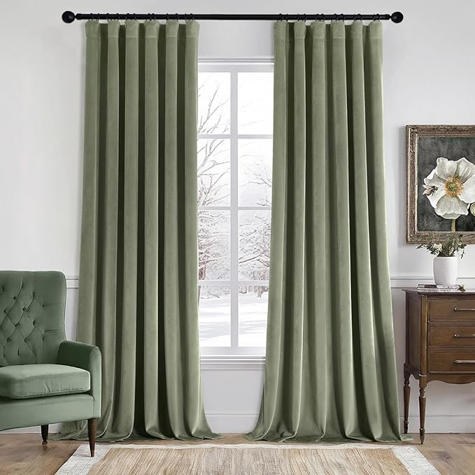 MIULEE Sage Green Velvet Curtains 96 Inches Long 2 Panels Set for Bedroom, Pinch Pleat Back Tab Thermal Insulated Living Room Darkening Drapes Pleated Blackout Floor to Ceiling Curtains with Hooks