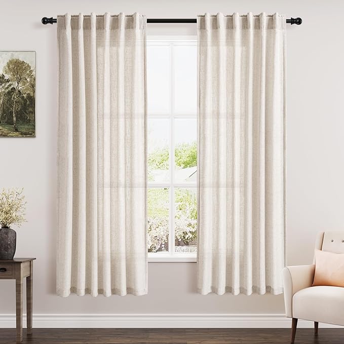 Beige Linen Semi Sheer Curtains 72 Inch Length for Living Room Back Tab Rod Pocket Modern Farmhouse Coastal Decor Linen Cotton Textured Gauze Curtains 72 Inches Long for Dining Room Office 42x72