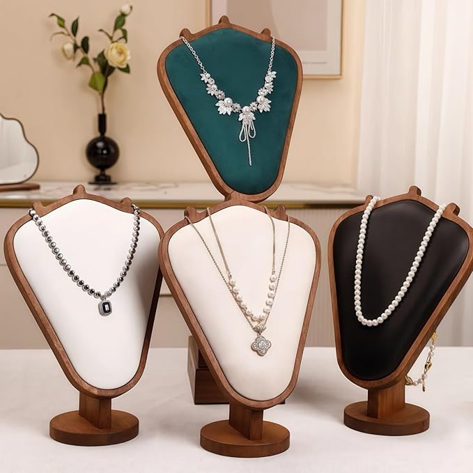 Walnut Color Body Wood Necklace Display Stand with White Leather Soft Mat Necklace Holder Organizer Desktop Stand for Home Store Dresser-4.45"x8.4"x12"