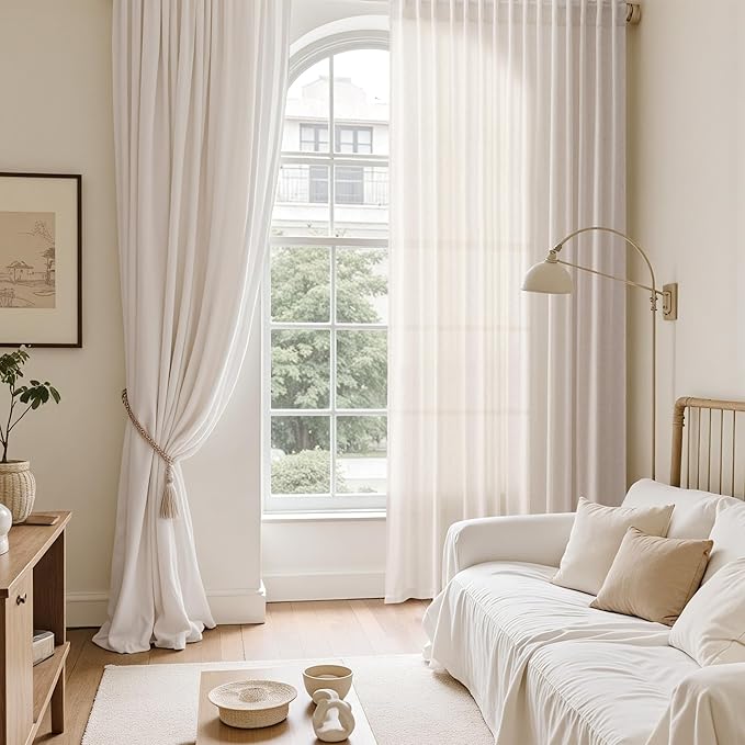Ivory White Semi Sheer Linen Curtains 90 inch for Living Room Back Tab Rod Pocket Ivory White Cotton Textured Gauze Curtain Modern Farmhouse Coastal Decor 90 inches for Dining Room Office