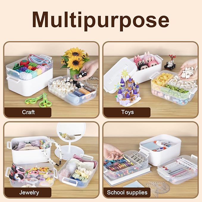 3-Tier Plastic Craft Organizers and Storage Box with Removable Trays, Portable Art Supply Storage Organizer with Handle, Art & Craft Storage for Organizing Bead, Sewing, Tool