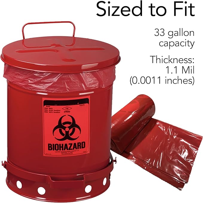 RESILIA Biohazard Bags - Hazardous Waste Disposal, Meets DOT ASTM Standards for Hospital Use, OSHA Approved, Red, 33 Gallon, 29" W x 43" L, 1.1 Mil, 0.0011 Inch, 20 Bags, Made in the USA