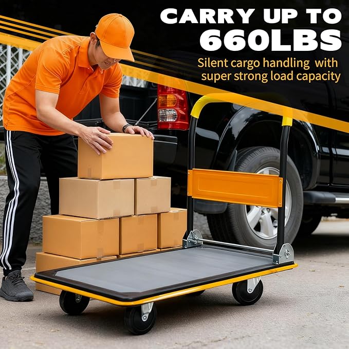 660lbs Large Size Heavy Duty Yellow Flatbed Cart, Foldable Platform Hand Truck with 360° Swivel Wheels, Steel Utility Dolly for Warehouse, Moving & Storage