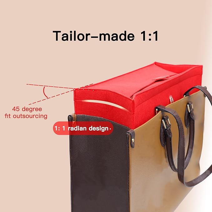 Doxo Purse Organizer Insert, Felt Tote Organizer with Zipper, Bag Insert Organizer Perfect for Lv Onthego MM 35 & D Medium Book Tote Bag (Red-With Cover)