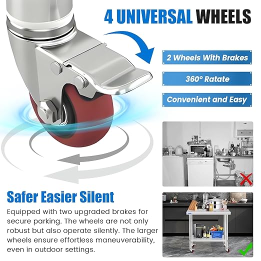 Stainless Steel Table with Wheels 30 x 18 Inch NSF Commercial Stainless Steel Metal Prep Table for Restaurant Kitchen Garage