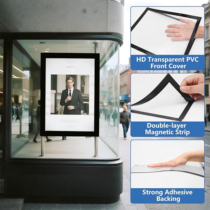 5 Pack Magnetic Sign Holder, 8.5in x 11in Self Adhesive Wall Mount Magnetic Document Holder, Magnetism Border Sign Holder with Transparent PVC Front Cover
