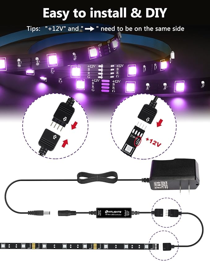 HitLights LED Strip Lights 3 Pre-Cut 12Inch/36Inch LED Light Strip Flexible Color Changing 5050 LED Accent Kit with RF Remote, Power Supply, and Connectors for TV, Home, DIY Decoration