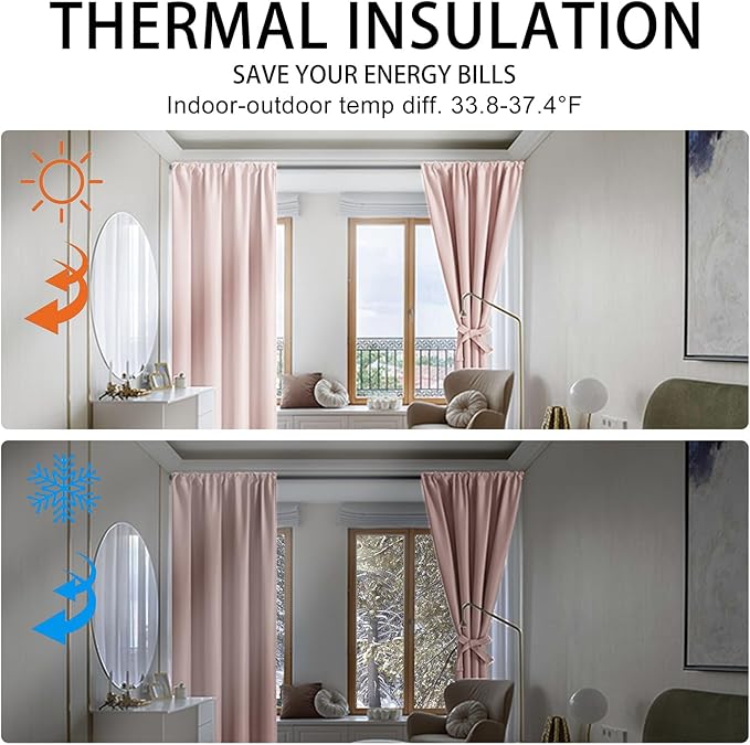 JIUZHEN Blush Pink Blackout Curtains for Bedroom - Thermal Insulated Room Darkening Rod Pocket Curtains for Living Room, Set of 2 Panels with Tiebacks, 42 x 45 Inch Length, Blush Pink