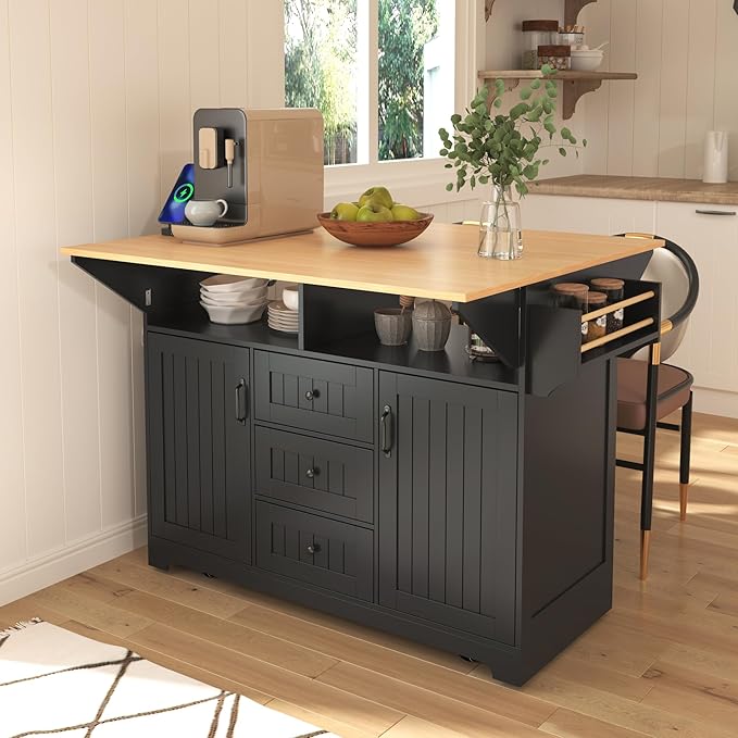 Merax 55.7" Upgraded Large Kitchen Cart Island on Wheels with 2 Drop Leaf,Power Outlet,3 Drawers,Wood Frame Storage Cabinet