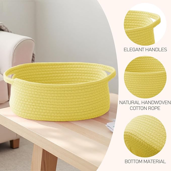 Woven Basket,Small Rope Storage Bin with Handles & Ribbon Bag, Organizer for Shelves Closets,Gift Basket Empty for Birthday,Books,Dog Toys, Yellow/2 Pack