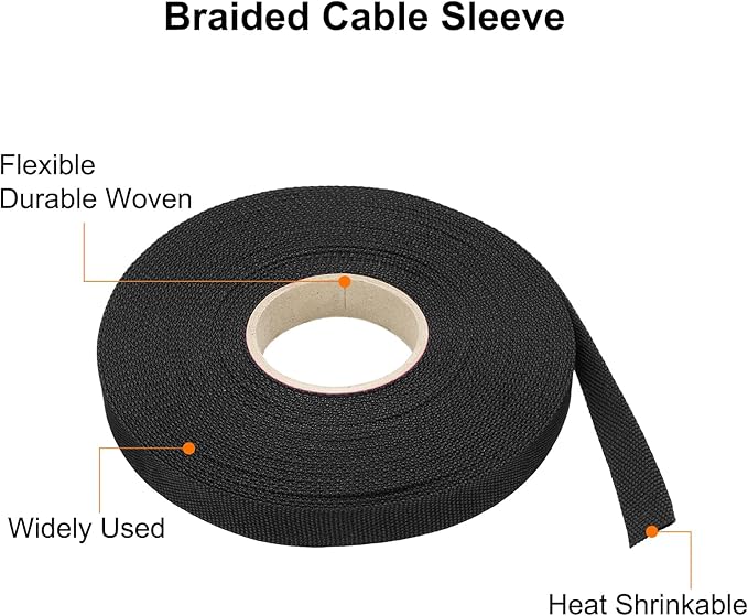 MECCANIXITY Braided Cable Sleeves Heat Shrinkable Fabric Sleeving, 1/2" 60ft Black 2:1 Ratio Heat Shrinkable Cord Protector for Harness Cable, Network Cable Protection, Cable Management