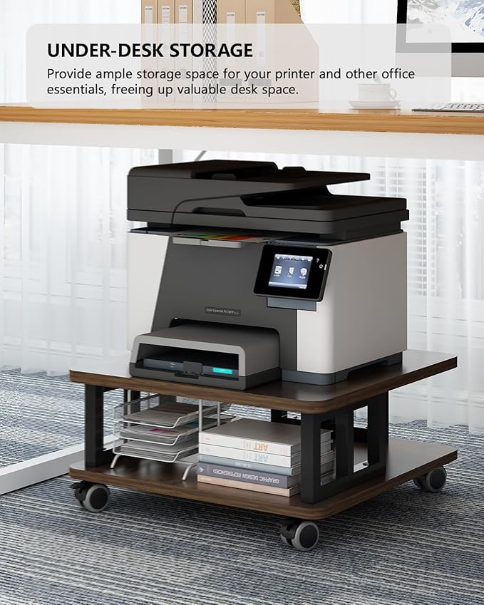 Mobile Printer Stand, 2-Tier Large Printer Shelf for Laser 3D Printer Office Machine with Storage, 23.6"x23.6" Wood Printer Cart Under Desk Rack with Wheels for Office Home Kitchen (Brown)