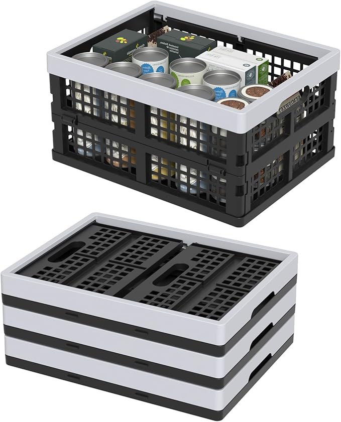15L Plastic Collapsible Storage Crates, Folding Crates Storage Basket, Pack of 4, Black