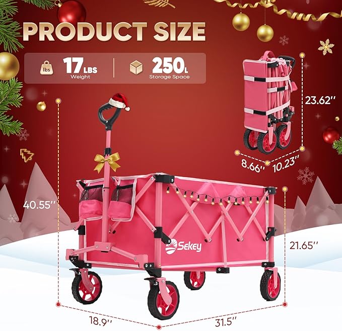 Sekey Pink Collapsible Foldable Wagon with 330lbs Weight Capacity, Heavy Duty Folding Wagon Cart with Big All-Terrain Wheels & Drink Holders. Pink